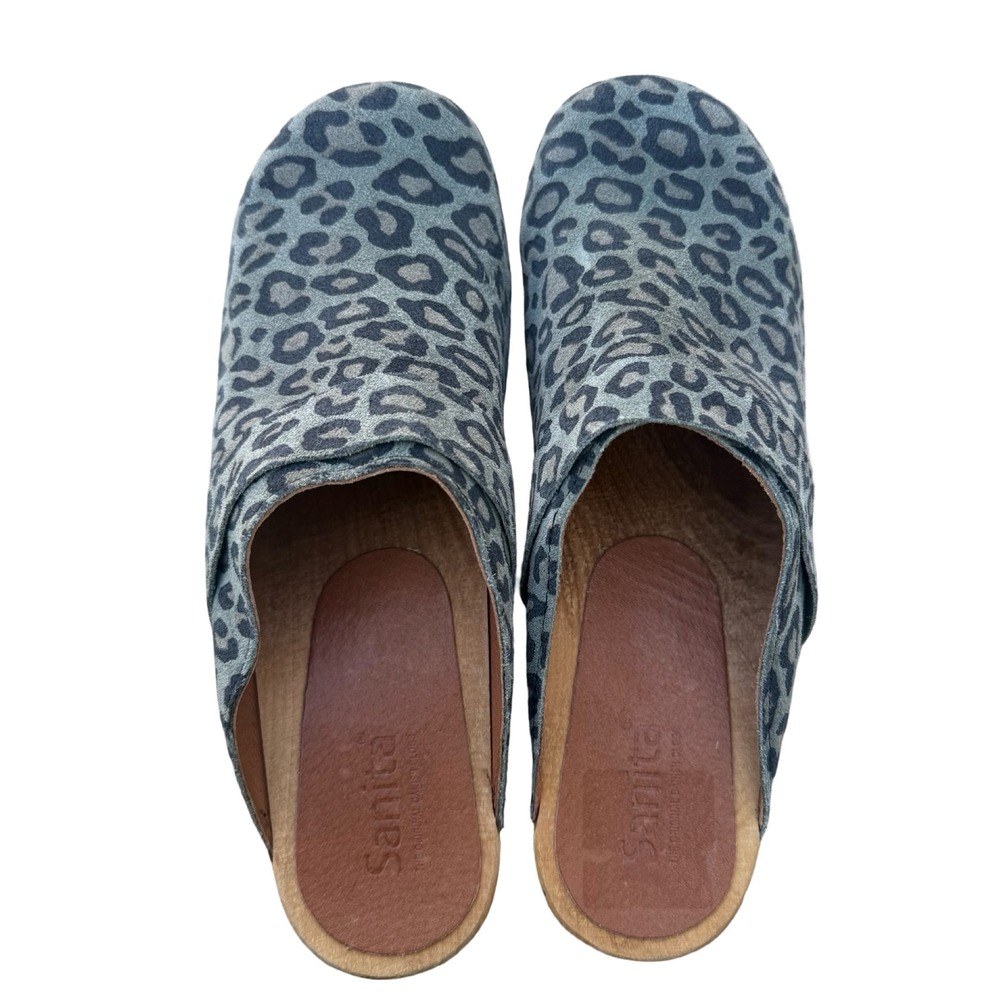 Sanita Leopard Print Suede Wooden Clogs Grey Black Animal Mules 40/9-9.5 - Picture 5 of 8